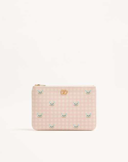 Valentino Garavani Vlogo Signature Grainy Calfskin Clutch Le Chat De La Maison Woman Pink/ivory Onesize