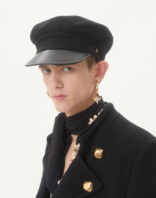 Valentino Garavani - Vlogo Signature Wool Cap With Leather Visor - Black/gold - Man - Hats And Gloves