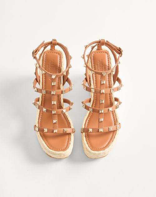 Valentino Garavani - Rockstud Wedge Sandal With Calfskin Straps 95mm - Natural/almond - Woman - Espadrilles And Wedges