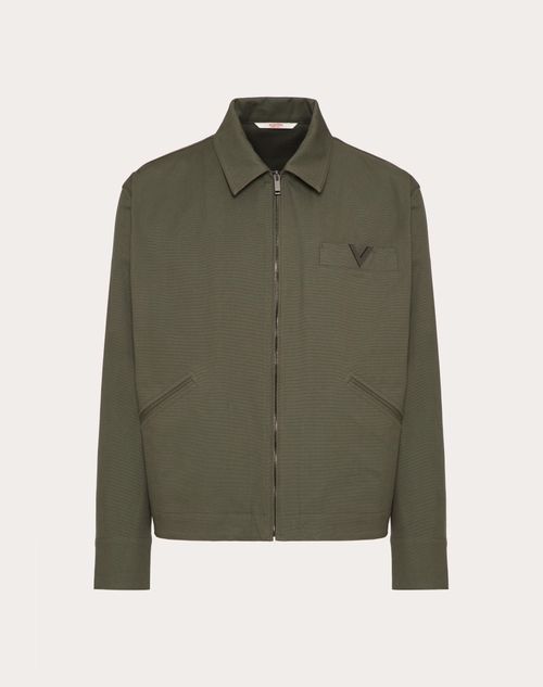 Shop Valentino Stretch Cotton Canvas Jacket With Metallic V Detail In Olive