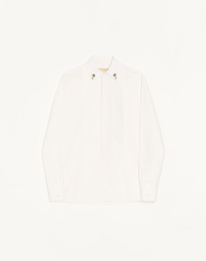 Valentino Cotton Poplin Shirt With Pleated Plastron And Embroidery On The Collar In White