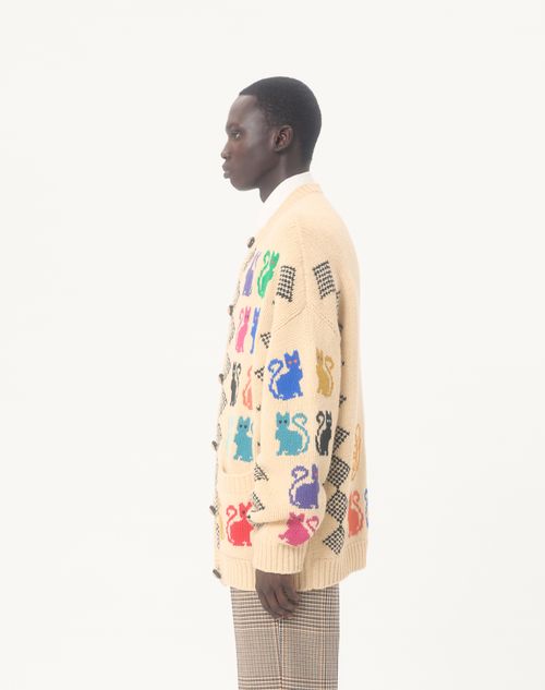 Valentino - Valentino Wool Cardigan With Le Chat De La Maison Jacquard Pattern - Multicolor - Man - Knitwear