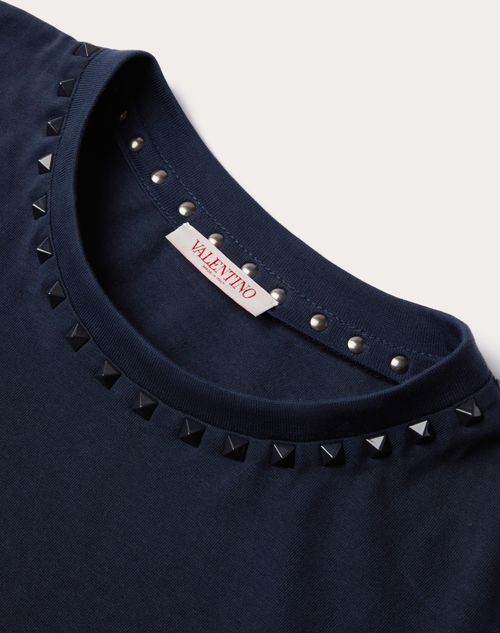 Valentino - Cotton Crewneck T-shirt With Black Untitled Studs - Navy - Man - T-shirts And Sweatshirts