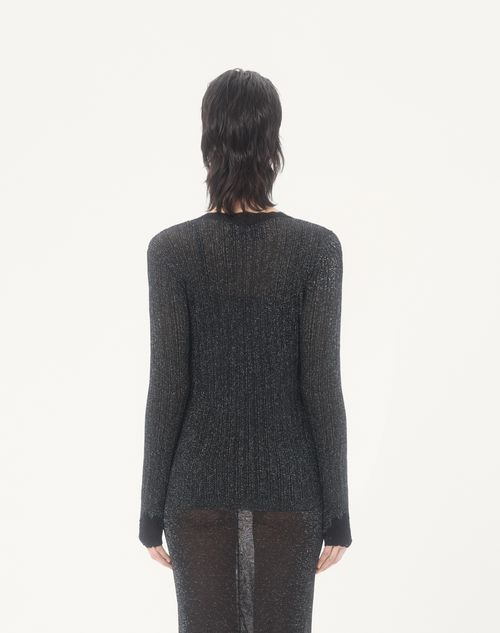 Valentino - Lurex Knitted Cardigan With Lace - Black/silver - Woman - Knitwear
