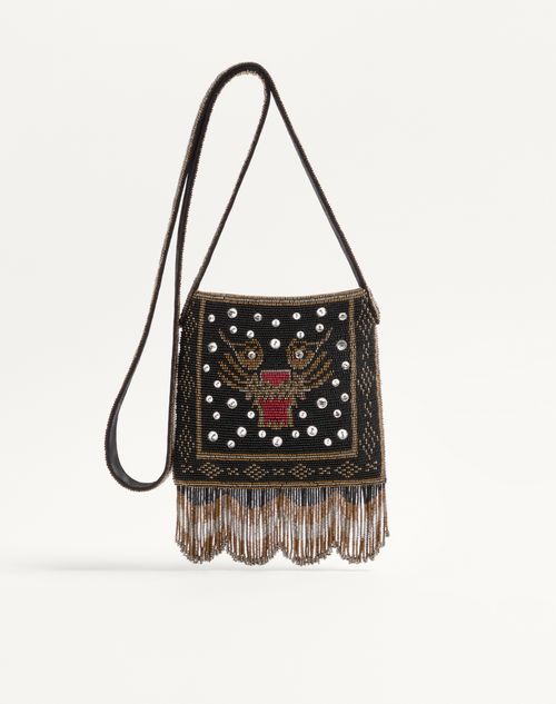 Valentino Garavani Nellcôte Small Embroidered Shoulder Bag With Fringes In Black