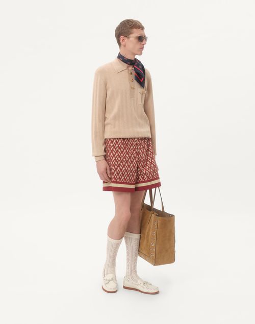 Valentino - Cotton Popeline Bermuda Shorts With Toute La V Print - Red/cream - Man - Pants And Shorts