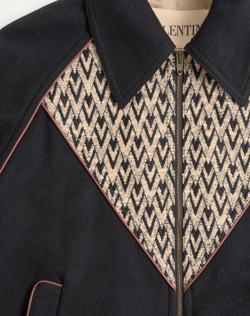 Valentino - Valentino Bomber Jacket In Wool And Cashmere Drap With V Inlaid With Toute La V Jacquard Pattern - Black - Man - Outerwear