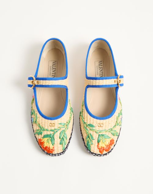 Valentino Garavani - Mary-jane Endouce Ballerina In Raffia With Floral Embroidery - Natural/multicolor - Woman - Ballerinas