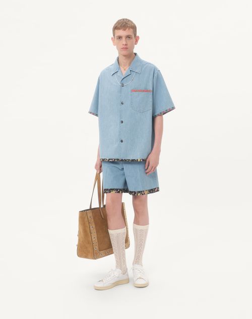 Valentino - Denim Bermuda Shorts With Floral Print Hem - Denim - Man - Denim
