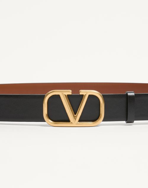 Valentino Garavani - Reversible Vlogo Signature Belt In Glossy Calfskin 30 Mm - Saddle Brown/black - Woman - Belts