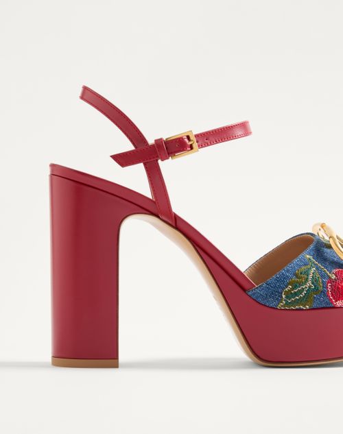 Valentino Garavani - Vlogo Signature Platform Denim Sandal With Cherryfic Embroidery 115mm - Denim/multicolour - Woman - Sandals