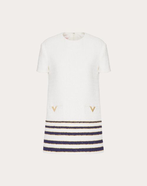 Valentino Mariniere Tweed Short-sleeve Mini Shift Dress In Ivory/navy
