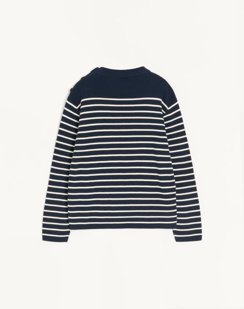 Valentino - Striped Cotton Crewneck Sweater With Buttons On The Shoulder - Indigo/butter - Man - Knitwear