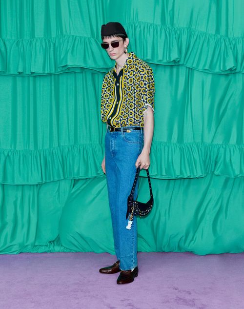 Valentino - Cotton Poplin Bowling Shirt With Bulles Royales Print - Black/yellow/ivory - Man - Shirts