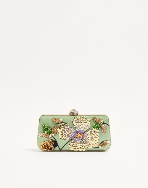 Valentino Garavani - Valentino Garavani Carry Secrets Minaudiere In Satin With Floral Embroidery - Green - Woman - Clutches