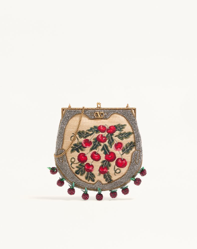 Valentino Garavani Women's Natural/Multicolour Nellcote Fairytales Beaded Clutch In Jacquard Raffia With Cherryfic Pattern Woman Uni