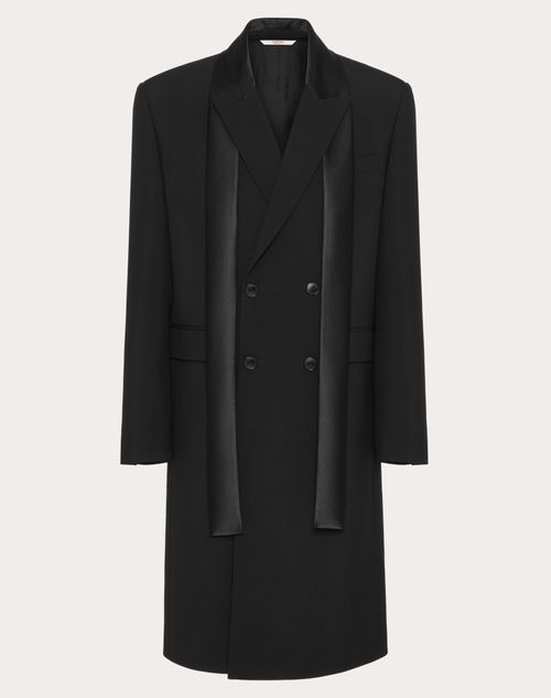 Valentino Double-breasted Wool Coat With Nylon Scarf Collar In Black