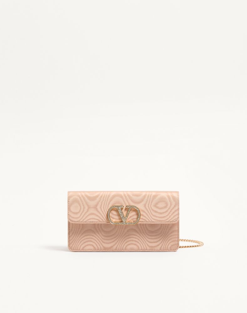 Valentino Garavani Women's Pink/Crystal Vlogo Signature Chain Wallet In Moiré Fabric With Jewel Logo Woman Uni