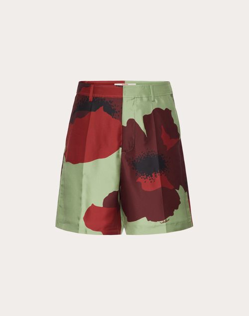 Valentino Silk Twill Bermuda Shorts With Flower Portrait Print In Mint/red/rubin