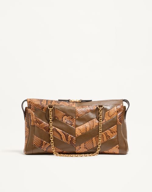 Valentino Garavani - Borsa A Spalla Media Valentino Garavani Panthea In Pitone E Nappa Motivo Chevron - Roasted Pecan/avorio/tundra - Donna - Borse A Spalla
