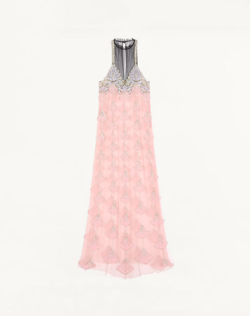 Valentino Long Dress In Embroidered Tulle Illusione Woman Pink/silver 42