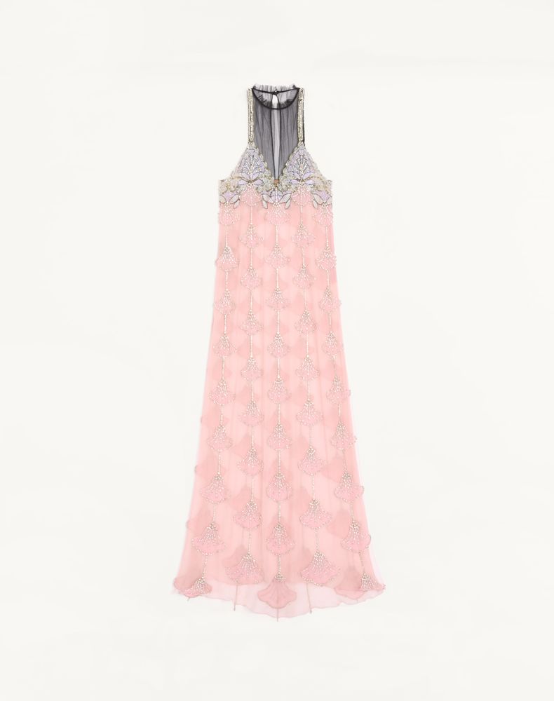 Valentino Women's Pink/Silver Long Dress In Embroidered Tulle Illusione Woman 44