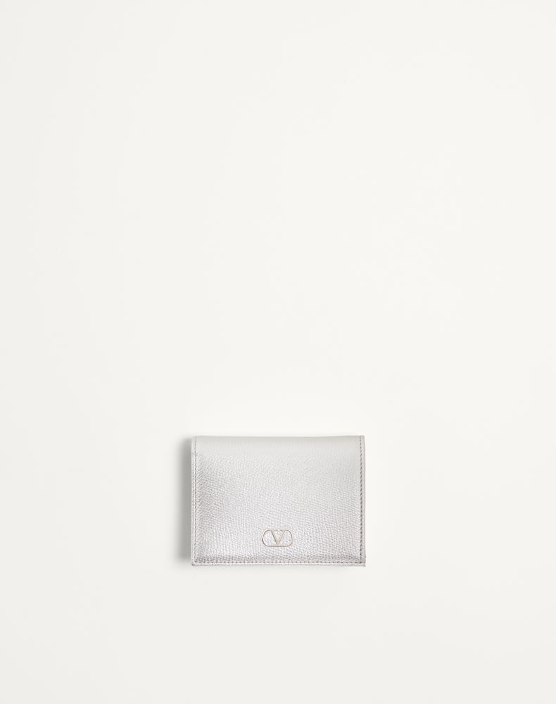 Valentino Garavani Women's Silver Vlogo Signature Laminated Grainy Calfskin Wallet Woman Uni