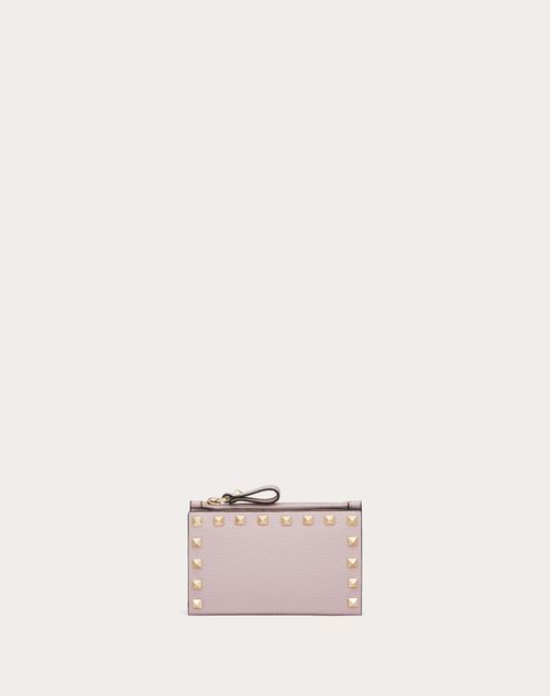 Valentino Garavani Rockstud Grainy Calfskin Cardholder With Zip Woman Water Lilac Uni