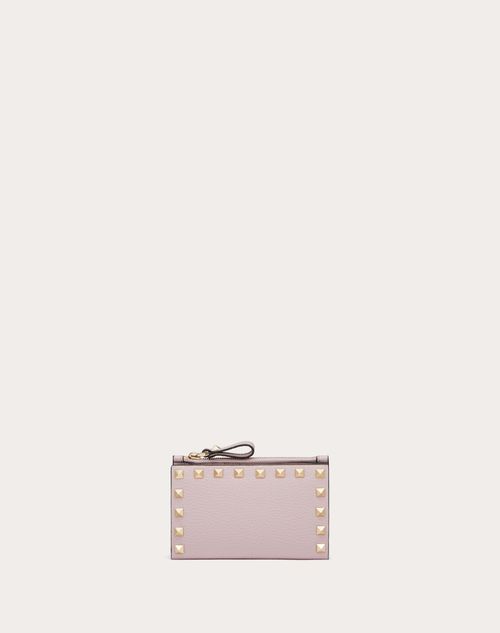 Valentino Garavani Rockstud Grainy Calfskin Cardholder With Zip Woman Water Lilac Uni In Water Lilac