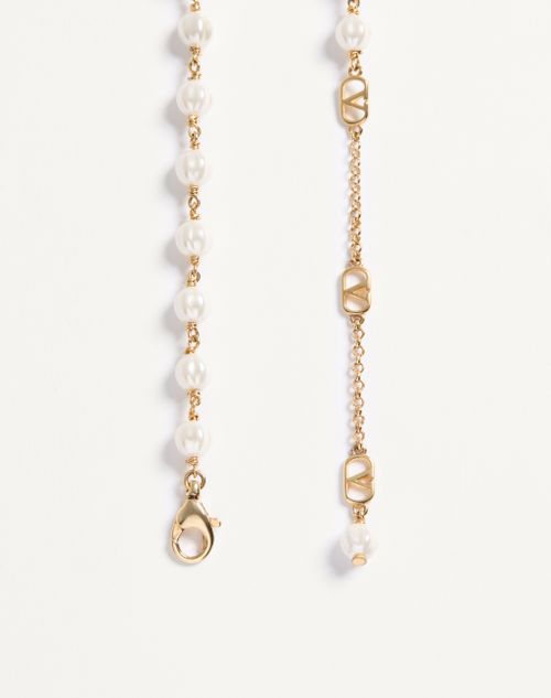 Valentino Garavani - Vlogo Signature Necklace In Metal And Glass Beads - Gold/cream - Woman - Jewelry