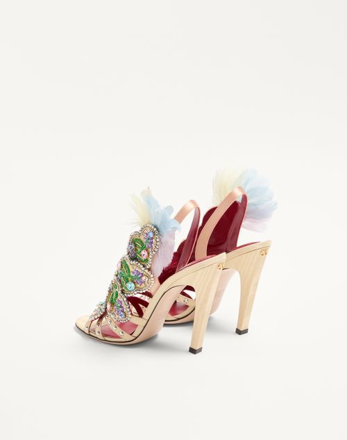 Valentino Garavani - Dans Le Foyer Sandal In Moiré Fabric With Floral Embroidery And Feathers 105mm - Multicolor - Woman - Sandals