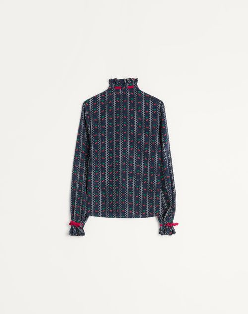 Valentino - Crepe De Chine Shirt With Cherryfic Print - Navy/cherry Red - Woman - Shirts And Tops
