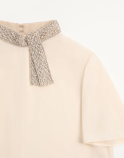Valentino - Embroidered Crepe De Chine Top - Coral/silver - Woman - Shirts And Tops