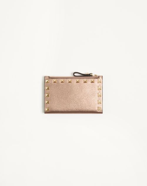 Valentino Garavani - Rockstud Laminated Grainy Calfskin Card Holder With Zip - Rose Cannelle - Woman - Wallets And Small Leather Goods