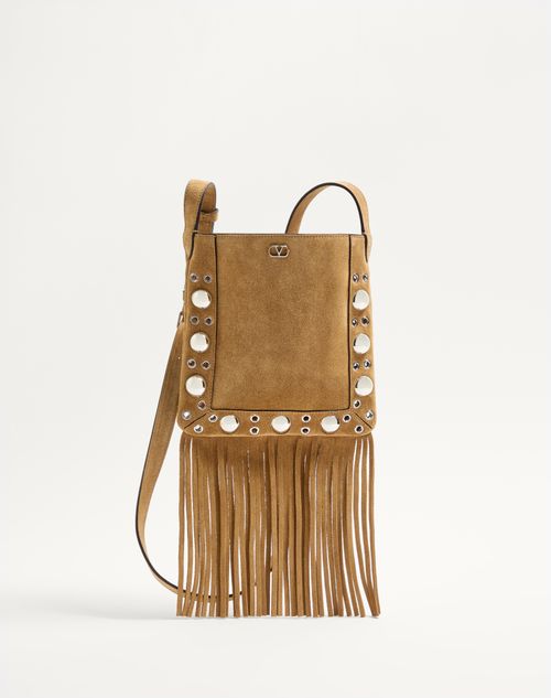 Valentino Garavani Nellcôte Small Shoulder Bag In Suede With Fringes Woman Havana In Brown