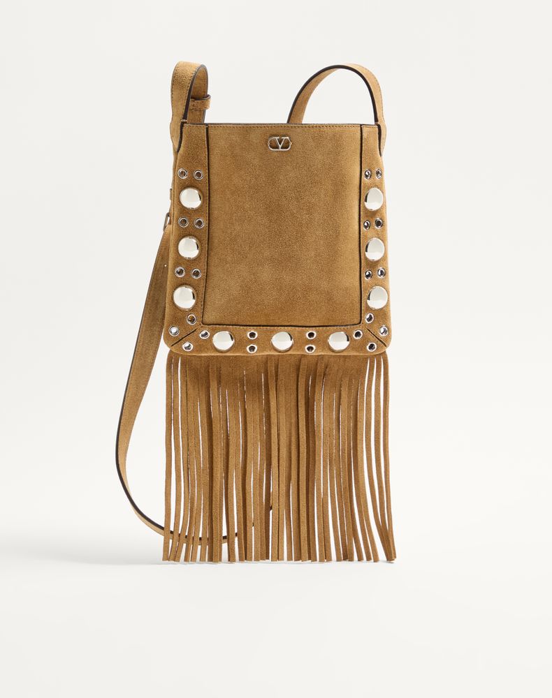 Valentino Garavani Women's Havana Beige Nellcôte Small Shoulder Bag In Suede With Fringes Woman Uni