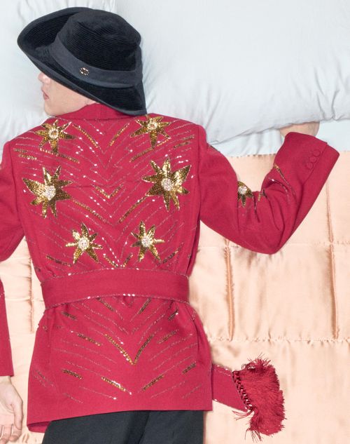 Valentino - Valentino Embroidered Belted Jacket In Grain De Poudre Wool - Cherry Red - Man - Coats And Blazers
