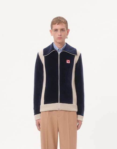Valentino - Chez Valentino High-neck Chenille Sweatshirt With Zip And Patch - Indigo/butter - Man - Tshirts And Sweatshirts