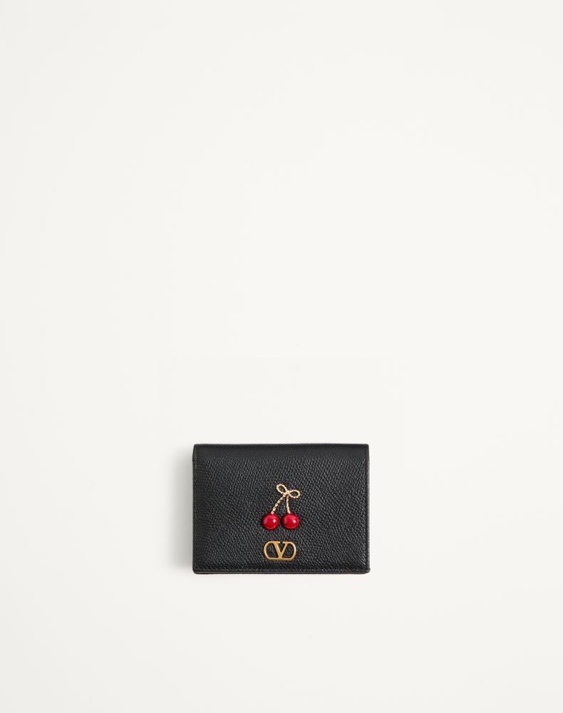 Valentino Garavani Women's Black Cherryfic Wallet In Grainy Calfskin Woman Uni