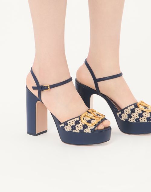 Valentino Garavani - Vlogo Signature Platform Sandal In Crochet Fabric 115mm - Blue/beige - Woman - Sandals