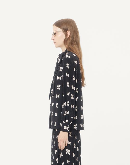 Valentino - Camicia Valentino In Crepe De Chine Stampa Butterflow - Nero/vaniglia - Donna - Camicie E Top