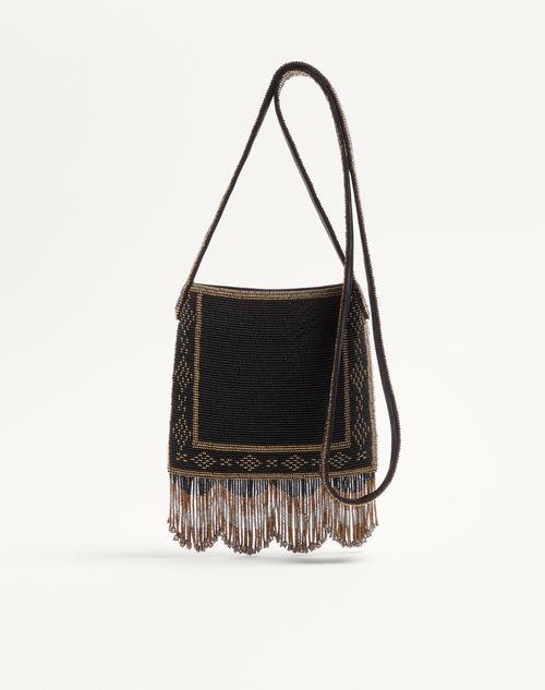 Valentino Garavani - Valentino Garavani Nellcôte Small Embroidered Shoulder Bag With Fringes - Black - Man - Shoulder Bags