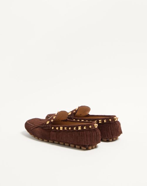 Valentino Garavani - Fastaway Driver Loafer In Crust Leather With Fringes - Bark Brown - Man - Loafers And Driver