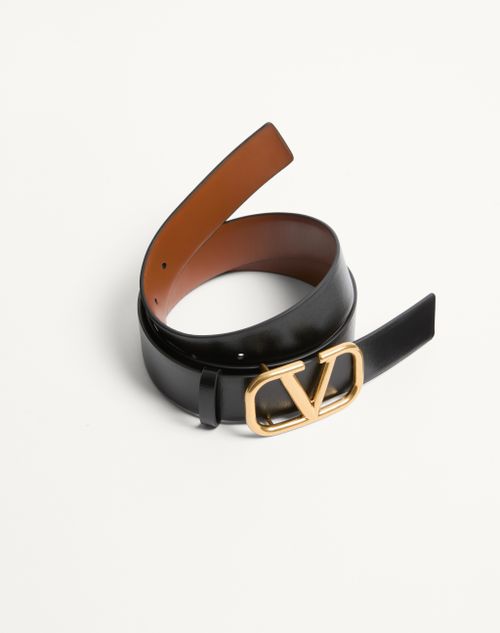 Valentino Garavani - Reversible Vlogo Signature Belt In Glossy Calfskin 30 Mm - Saddle Brown/black - Woman - Belts