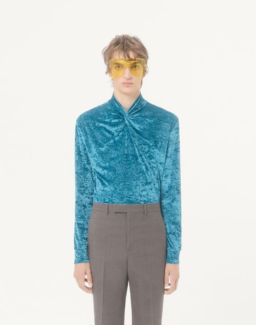 Valentino - Valentino Stretch Chenille Top With Knot At The Neck - Teal - Man - T-shirts And Sweatshirts
