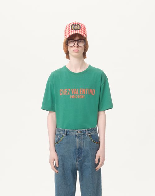 Valentino - Cotton T-shirt With Chez Valentino Print - Green - Man - T-shirts And Sweatshirts