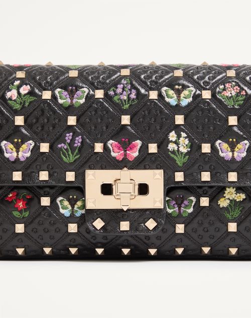 Valentino Garavani - Borsa Media A Spalla Valentino Garavani Rockstud Spike In Nappa Ricamata - Nero/multicolor - Donna - Borse A Spalla