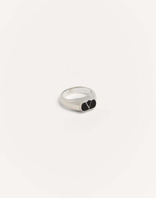 Valentino Garavani - Anillo Vlogo Signature Chevalier De Metal Y Esmalte - Paladio/negro - Hombre - Joyas