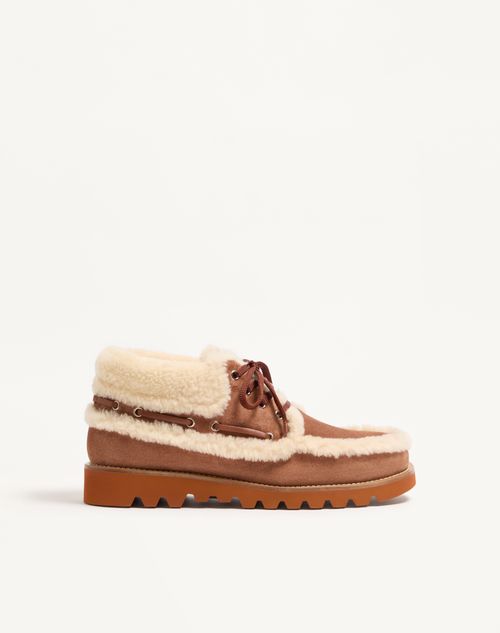 Valentino Garavani - Palm Avenue Ankle Boot In Crust Leather And Wool - Tobacco/natural - Man - Loafers And Driver