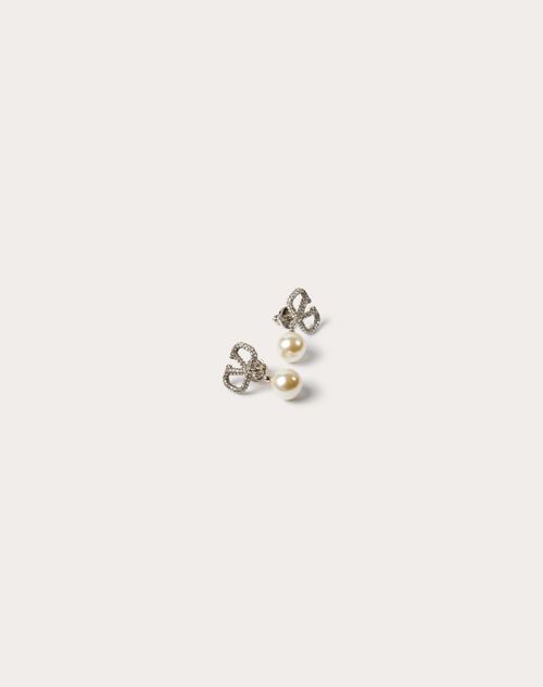 Valentino Garavani Vlogo Signature Metal Earrings With Crystals And Pearls In Swarovski® Crystal Wom In Palladium/cream/crystal